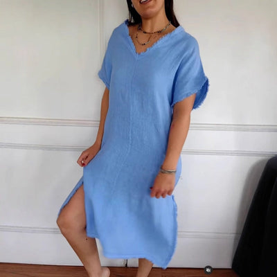 Raina | Frühlingsneuheit Gelegenheits-Baumwoll-Leinenkleid mit V-Ausschnitt