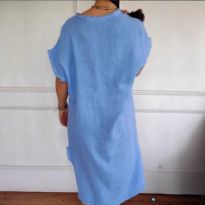 Raina | Frühlingsneuheit Gelegenheits-Baumwoll-Leinenkleid mit V-Ausschnitt