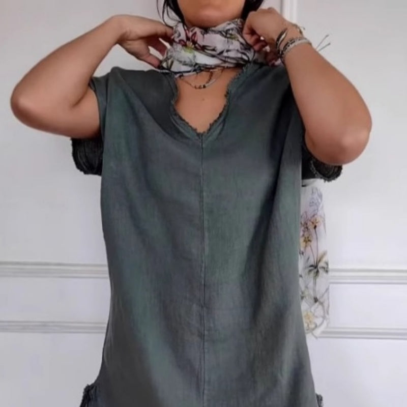 Raina | Frühlingsneuheit Gelegenheits-Baumwoll-Leinenkleid mit V-Ausschnitt