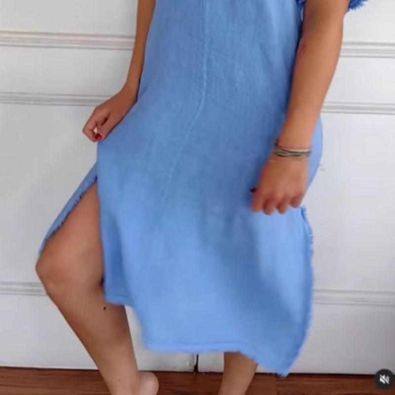 Raina | Frühlingsneuheit Gelegenheits-Baumwoll-Leinenkleid mit V-Ausschnitt