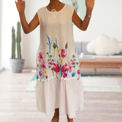 Karen | Damen lässiges ärmelloses Kleid mit Rundhalsausschnitt und Blumenmuster