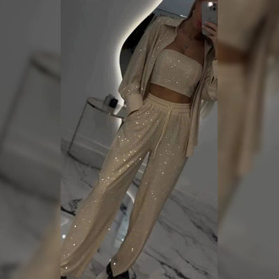 Briana | Glitzer-Blazer mit Pailletten und weiter Hose für Damen 3-teiliges Set