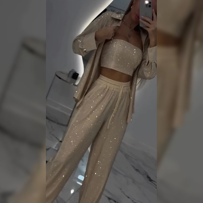 Briana | Glitzer-Blazer mit Pailletten und weiter Hose für Damen 3-teiliges Set