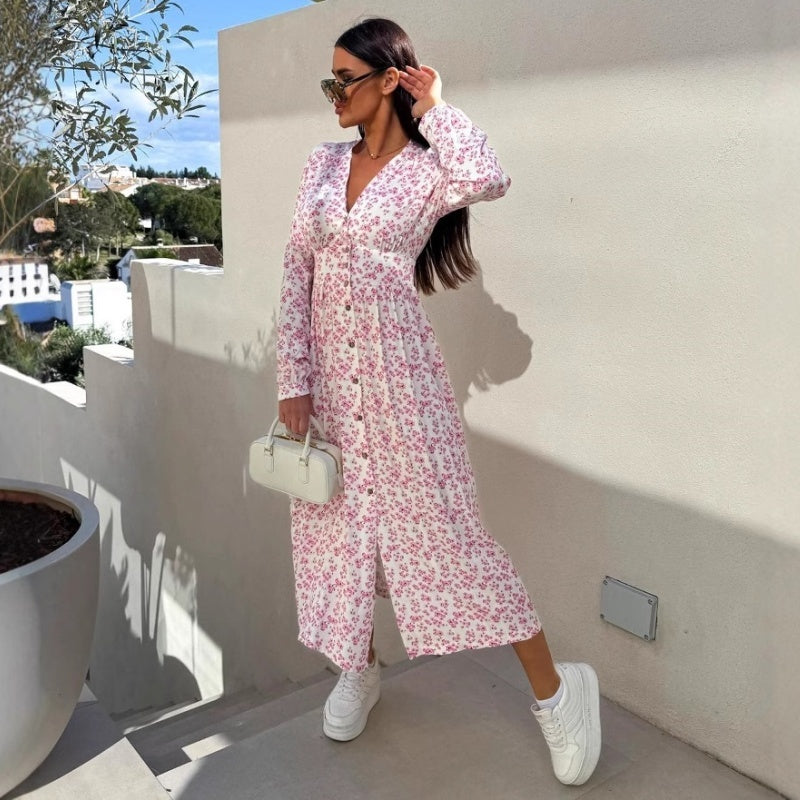 Eleanor | Langärmeliges, taillenbetontes Blumenkleid mit V-Ausschnitt und Knopfleiste