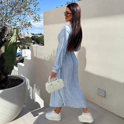 Eleanor | Langärmeliges, taillenbetontes Blumenkleid mit V-Ausschnitt und Knopfleiste