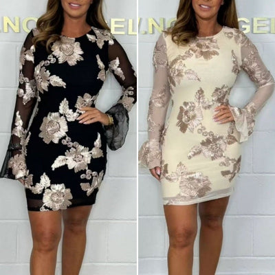 Alessia | Elegantes Bodycon-Kleid mit Blumenstickerei und Glockenärmeln für Damen