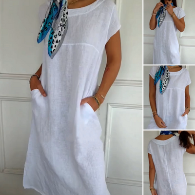Isaac | Damen Leinenkleid mit Rundhalsausschnitt und kurzen Ärmeln