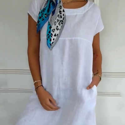 Isaac | Damen Leinenkleid mit Rundhalsausschnitt und kurzen Ärmeln