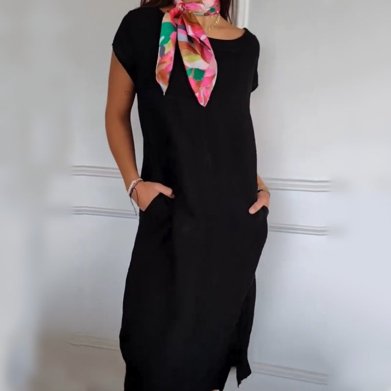 Isaac | Damen Leinenkleid mit Rundhalsausschnitt und kurzen Ärmeln