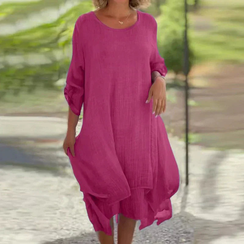 Yosef | Damen elegantes einfarbiges lockeres Kleid mit Rundhalsausschnitt