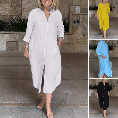 Ayden | Damen lässiges Baumwoll-Leinen-Langarmhemdkleid