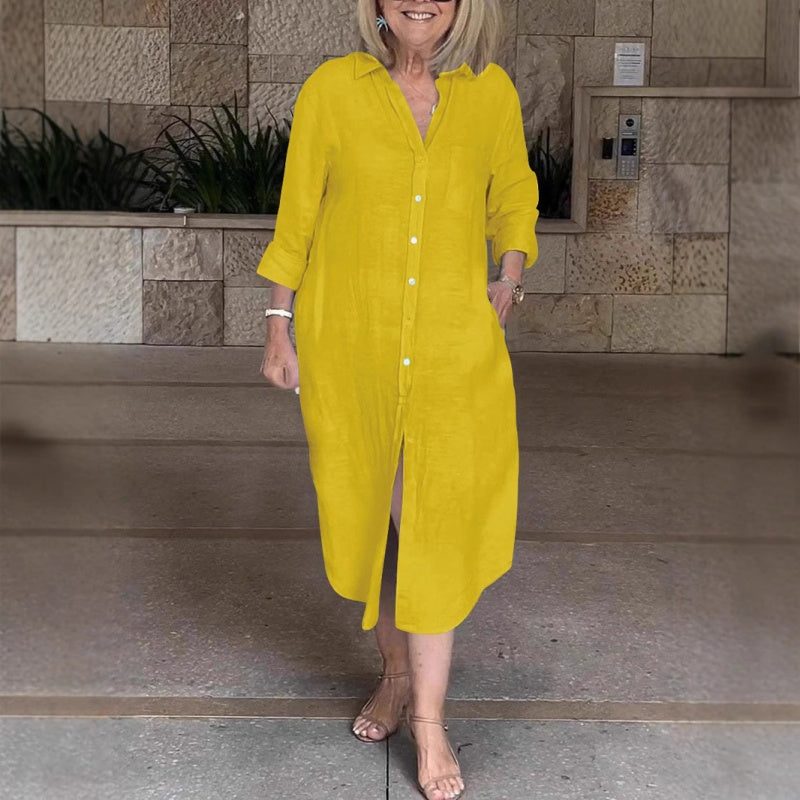 Ayden | Damen lässiges Baumwoll-Leinen-Langarmhemdkleid