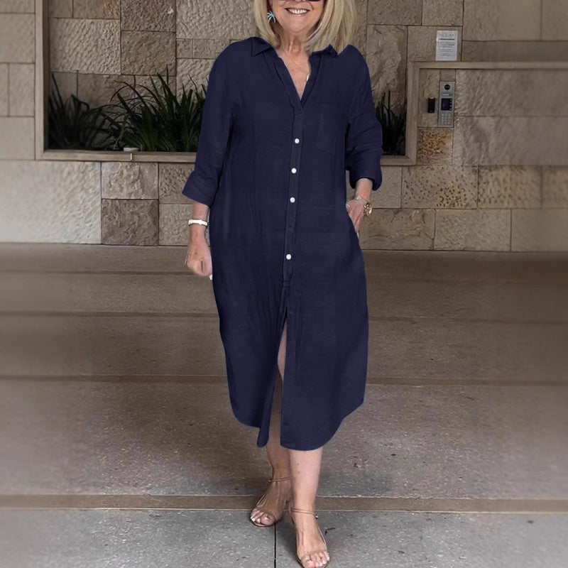Ayden | Damen lässiges Baumwoll-Leinen-Langarmhemdkleid