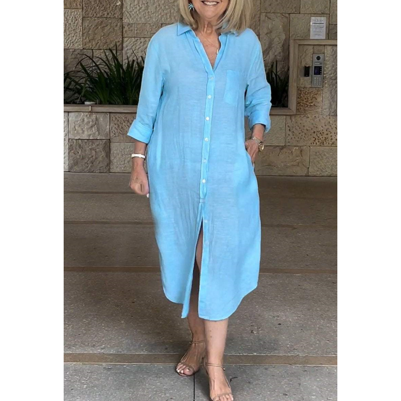 Ayden | Damen lässiges Baumwoll-Leinen-Langarmhemdkleid