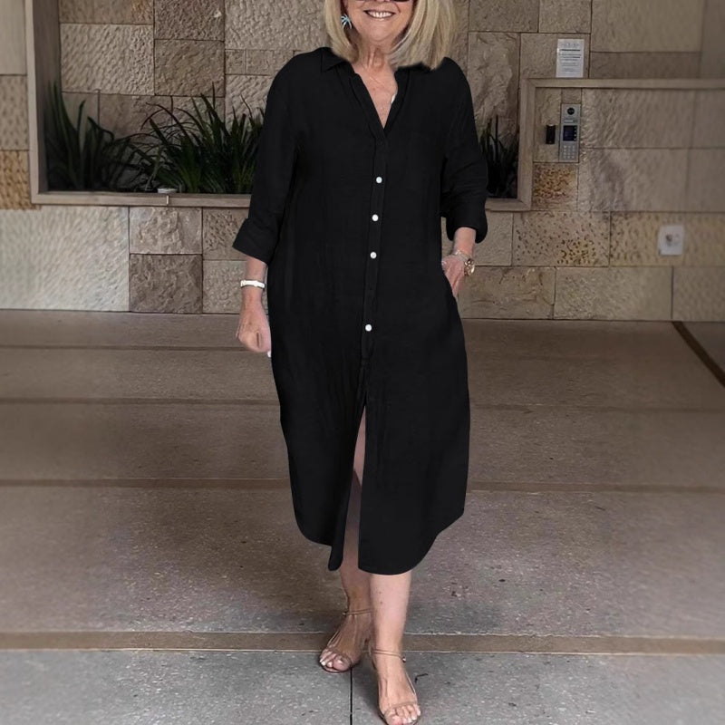 Ayden | Damen lässiges Baumwoll-Leinen-Langarmhemdkleid