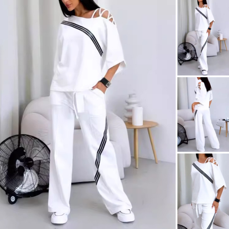 Blaely | Damen gestreifte Kurzarm-Oberteile & Hosen Zweiteiliges Set