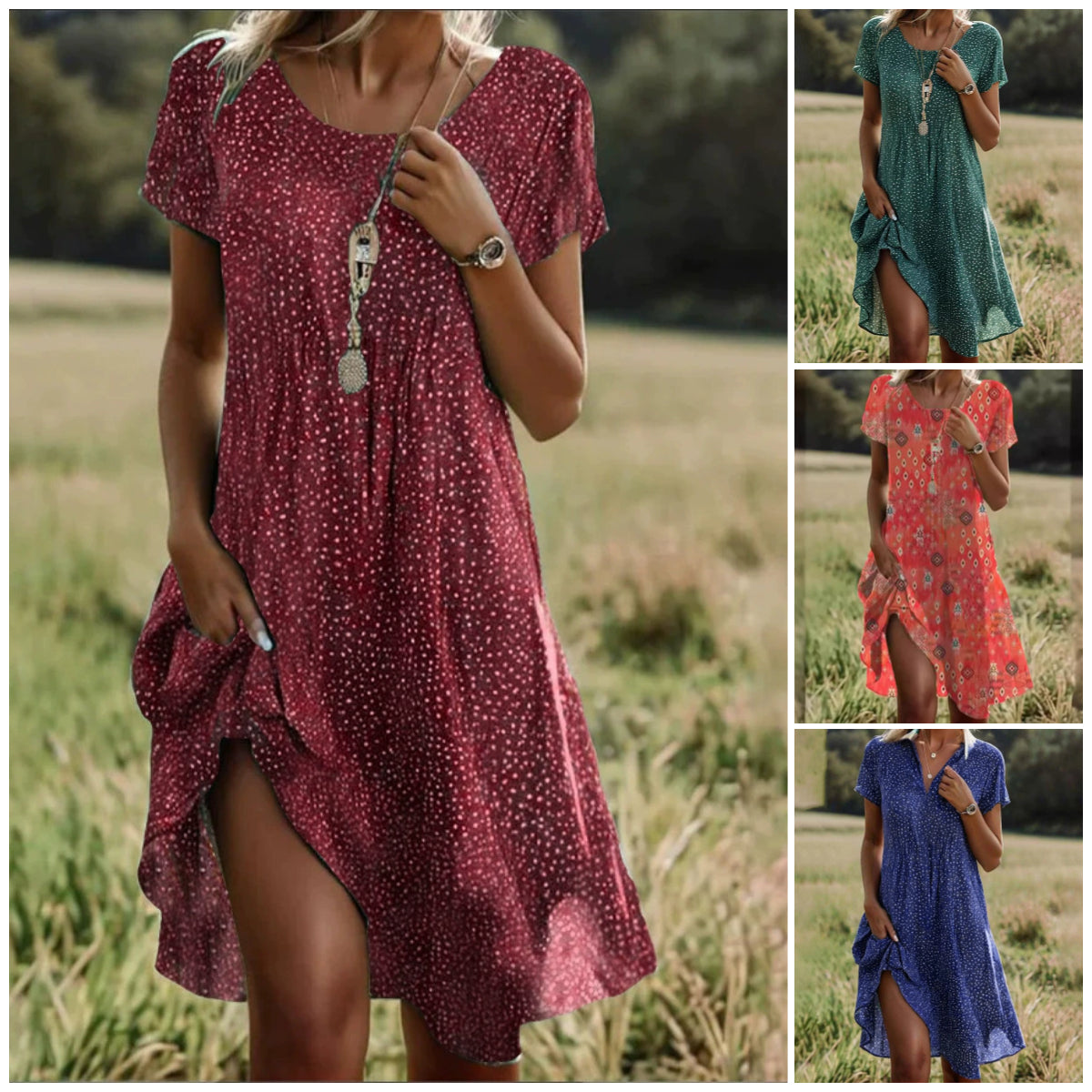 Armanda | Elegantes grünes Punkte-Midikleid mit kurzen Ärmeln