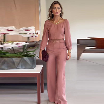 Aislyn | Elegantes Rosa Top und Weiter Röhrenhose 2-teiliges Set