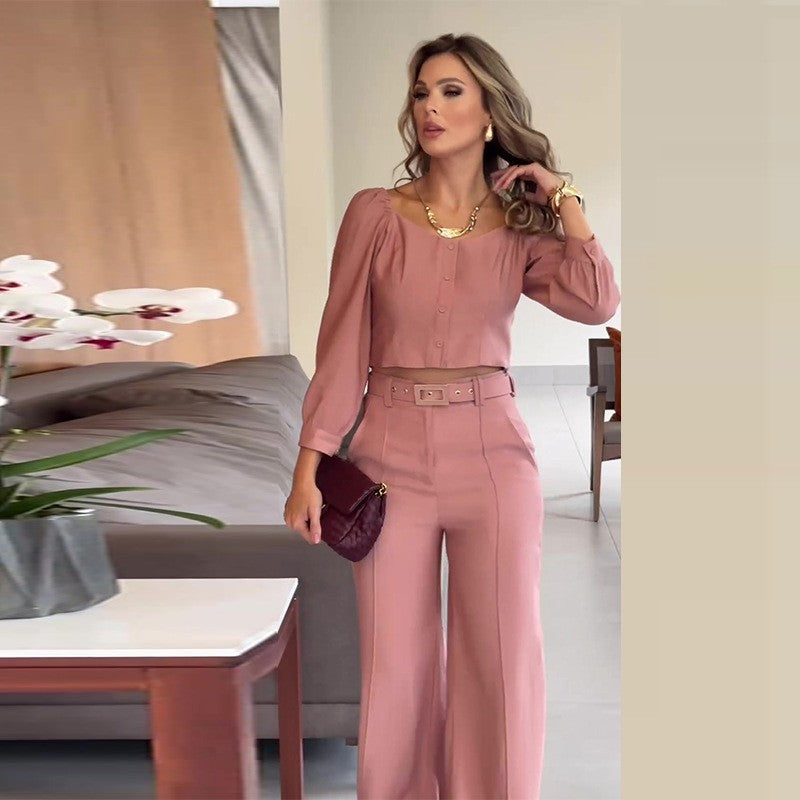 Aislyn | Elegantes Rosa Top und Weiter Röhrenhose 2-teiliges Set