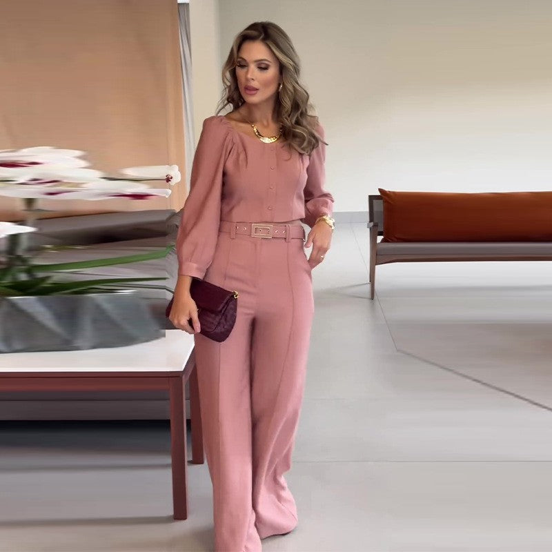 Cher | Elegantes Rosa Top mit Quadratischem Ausschnitt und Weite Hosen 2-teiliges Set