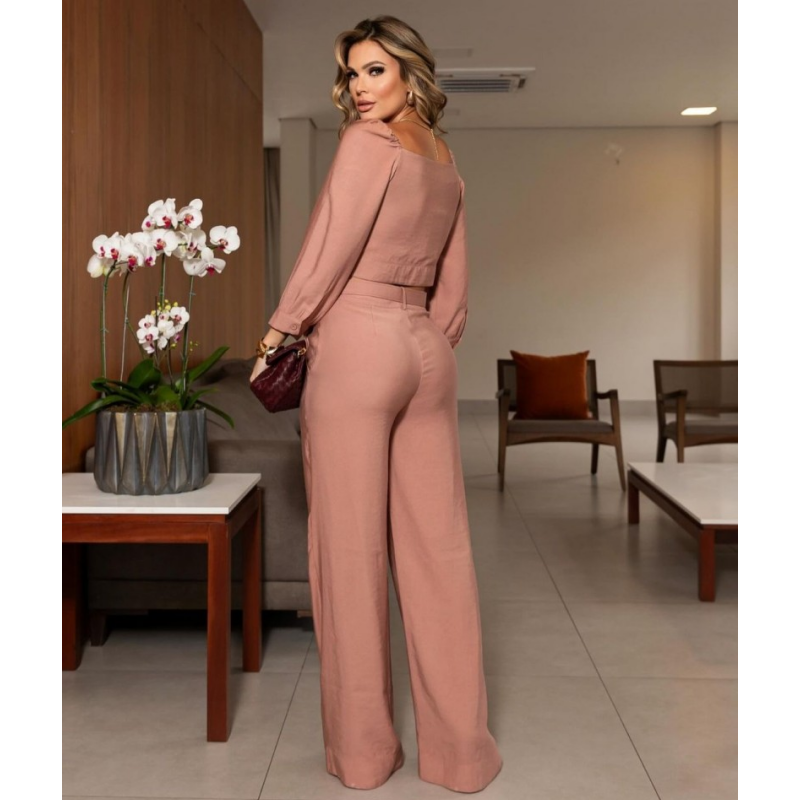 Aislyn | Elegantes Rosa Top und Weiter Röhrenhose 2-teiliges Set