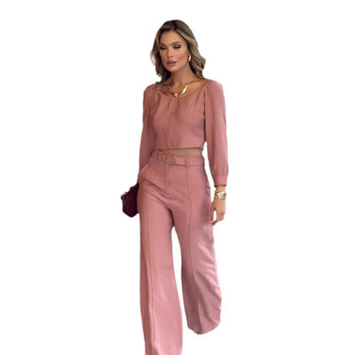 Aislyn | Elegantes Rosa Top und Weiter Röhrenhose 2-teiliges Set