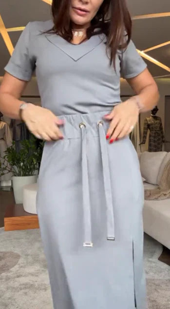 Sam | Damen V-Ausschnitt T-Shirt und Midirock-Set👗