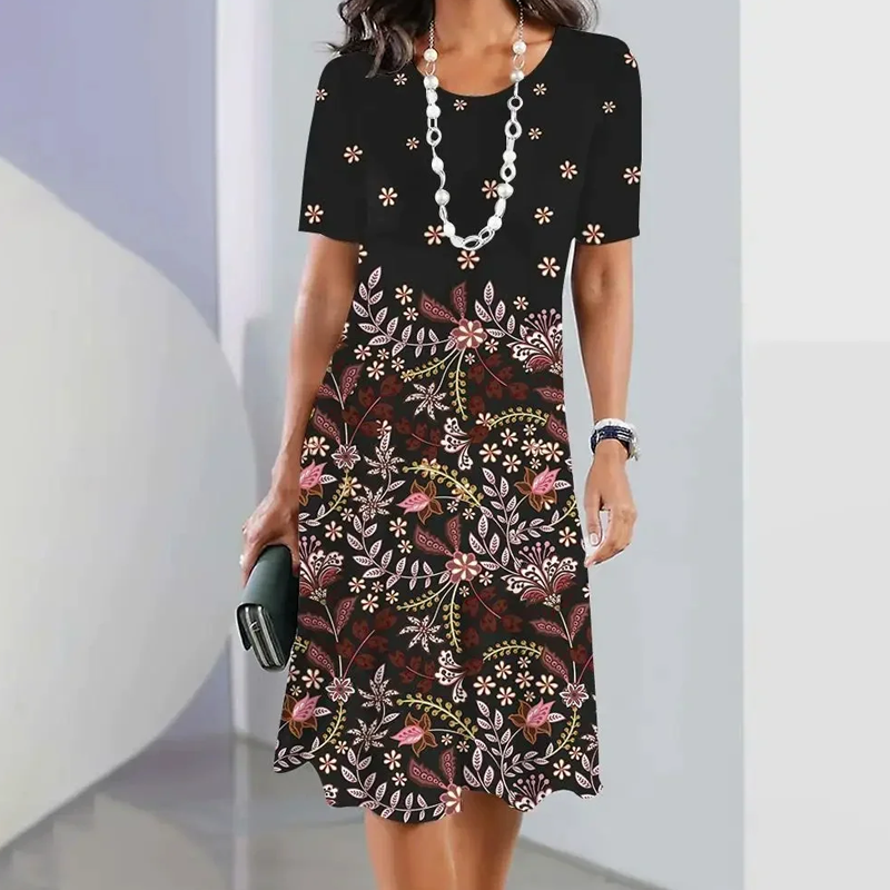 Santos | Damen elegantes Blumenprint-Kleid mit Rundhalsausschnitt