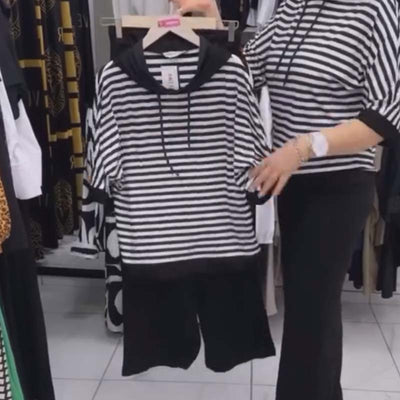 May | Damenoberteil mit Streifen und einfarbiges Hosen-Set