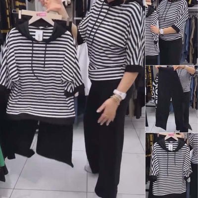 May | Damenoberteil mit Streifen und einfarbiges Hosen-Set