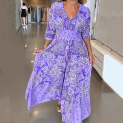 Melisa | Langes elegantes Blumenmuster-Kleid mit Kordel für Damen