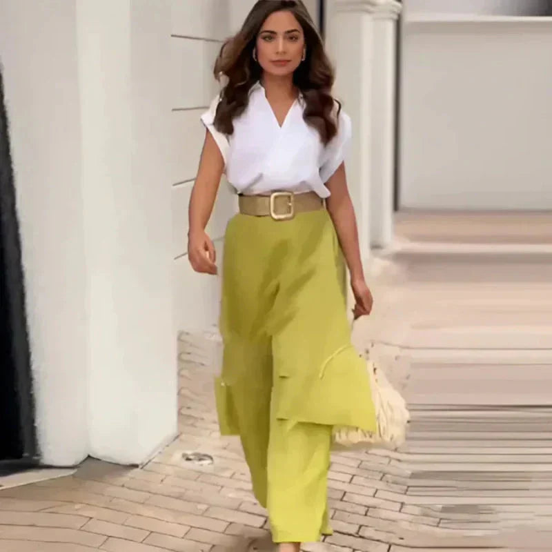 Brennan | Damen Elegantes Zweiteiler-Set: Top mit V-Ausschnitt & Hose mit Weiten Beinen