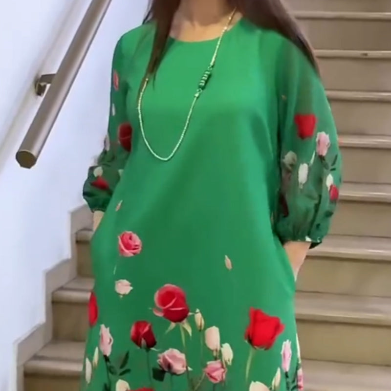 Caren | Elegantes Damenkleid mit Blumen und Rundhalsausschnitt