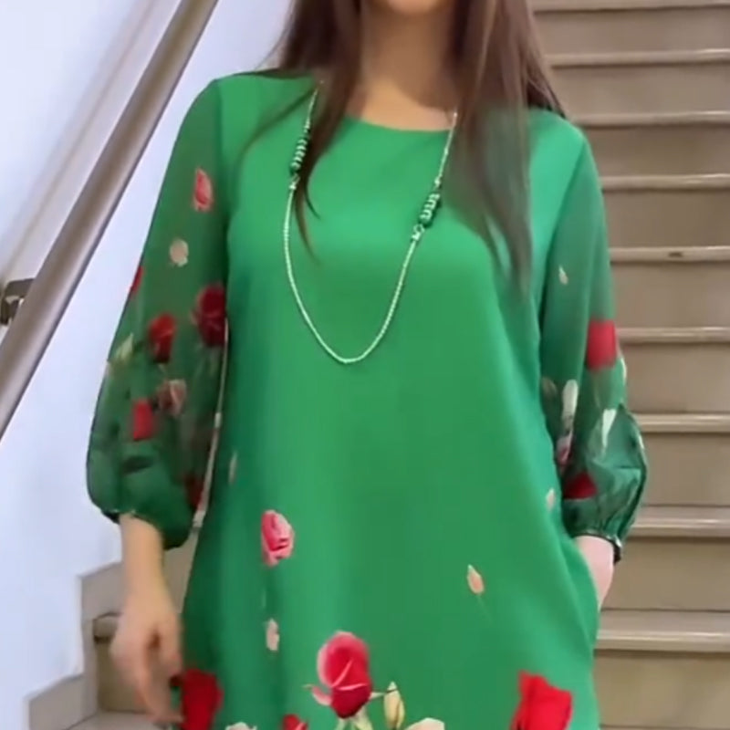 Caren | Elegantes Damenkleid mit Blumen und Rundhalsausschnitt