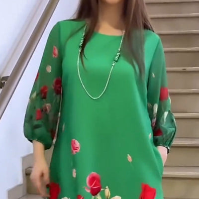 Caren | Elegantes Damenkleid mit Blumen und Rundhalsausschnitt