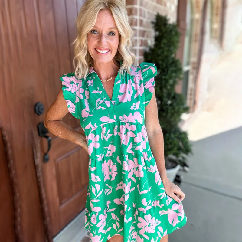 Kenny | Kleid mit Druck und V-Ausschnitt mit Rüschen an den Ärmeln