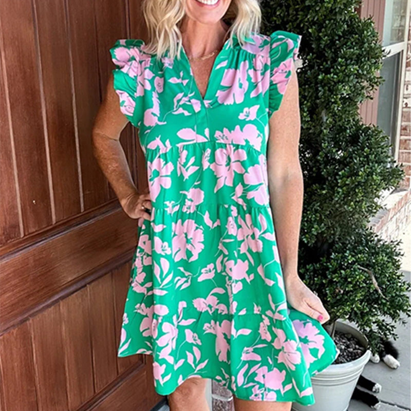 Kenny | Kleid mit Druck und V-Ausschnitt mit Rüschen an den Ärmeln