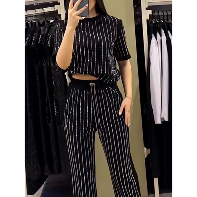 Hayden | Damen funkelnde Strass gestreiftes zweiteiliges Set