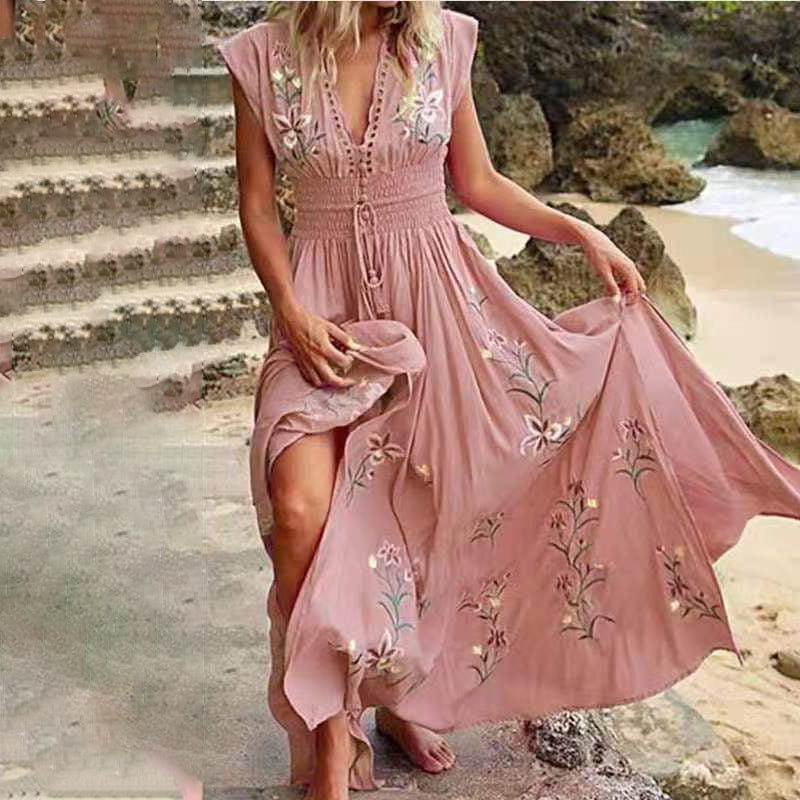 Chance | Damisches langes Sommerkleid im Boho-Stil mit Spitzausschnitt
