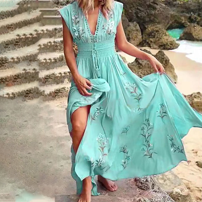 Chance | Damisches langes Sommerkleid im Boho-Stil mit Spitzausschnitt