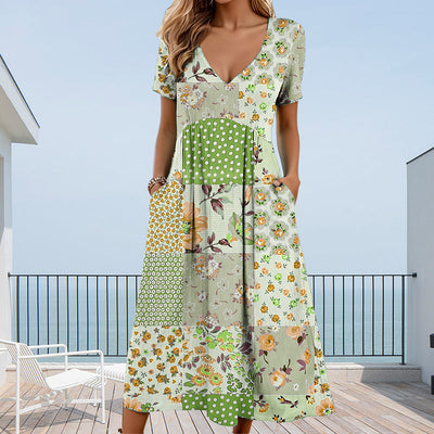 Camila | Damenkleider mit Herzchenausschnitt und kurzem Ärmel in Mustern