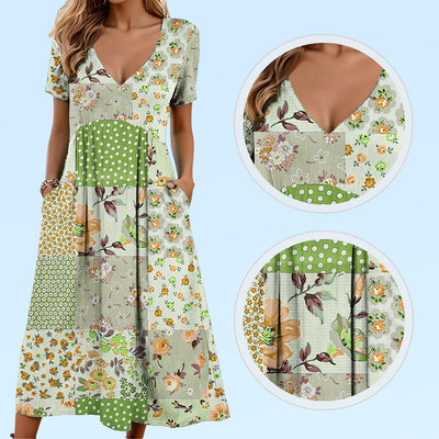 Camila | Damenkleider mit Herzchenausschnitt und kurzem Ärmel in Mustern