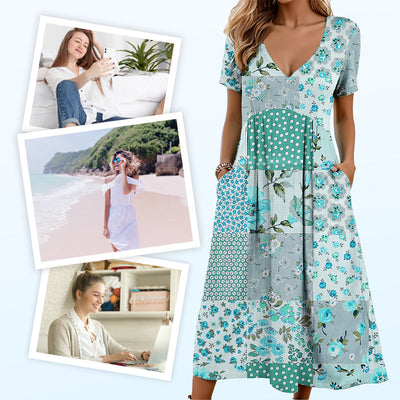 Camila | Damenkleider mit Herzchenausschnitt und kurzem Ärmel in Mustern