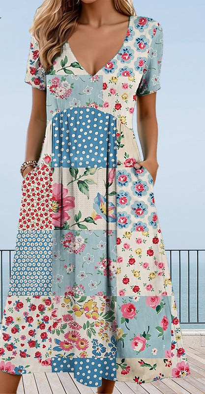 Camila | Damenkleider mit Herzchenausschnitt und kurzem Ärmel in Mustern