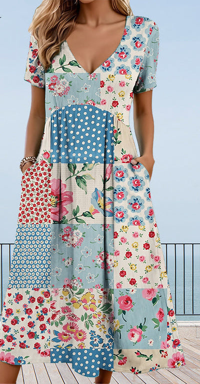 Camila | Damenkleider mit Herzchenausschnitt und kurzem Ärmel in Mustern