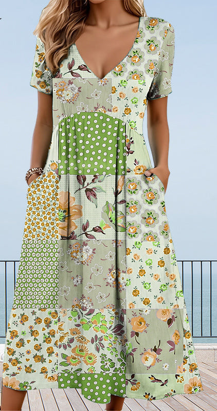 Camila | Damenkleider mit Herzchenausschnitt und kurzem Ärmel in Mustern