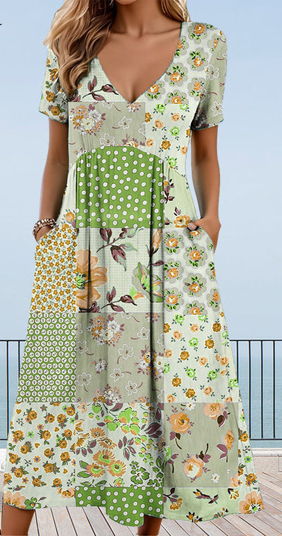 Camila | Damenkleider mit Herzchenausschnitt und kurzem Ärmel in Mustern