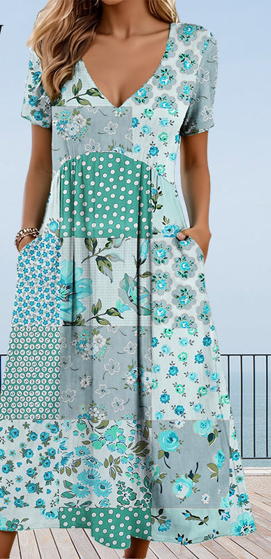 Camila | Damenkleider mit Herzchenausschnitt und kurzem Ärmel in Mustern