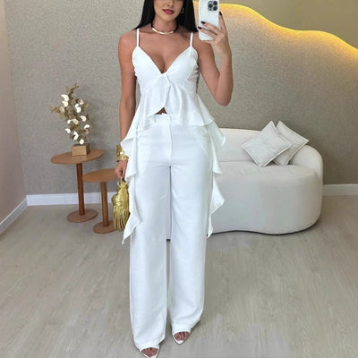 Melvie | Damen Top mit Rüscheneffekt und Spaghettiträgern sowie Weit geschnittene Hose Set