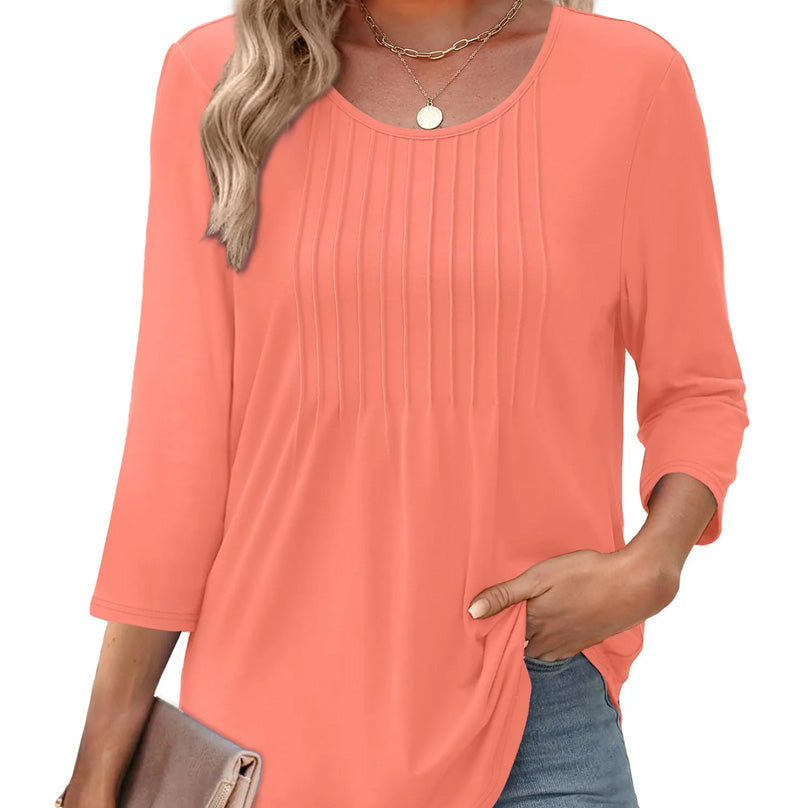 Elisha | Lose Passform Dünne Bluse mit Falten vorne und Rundhalsausschnitt